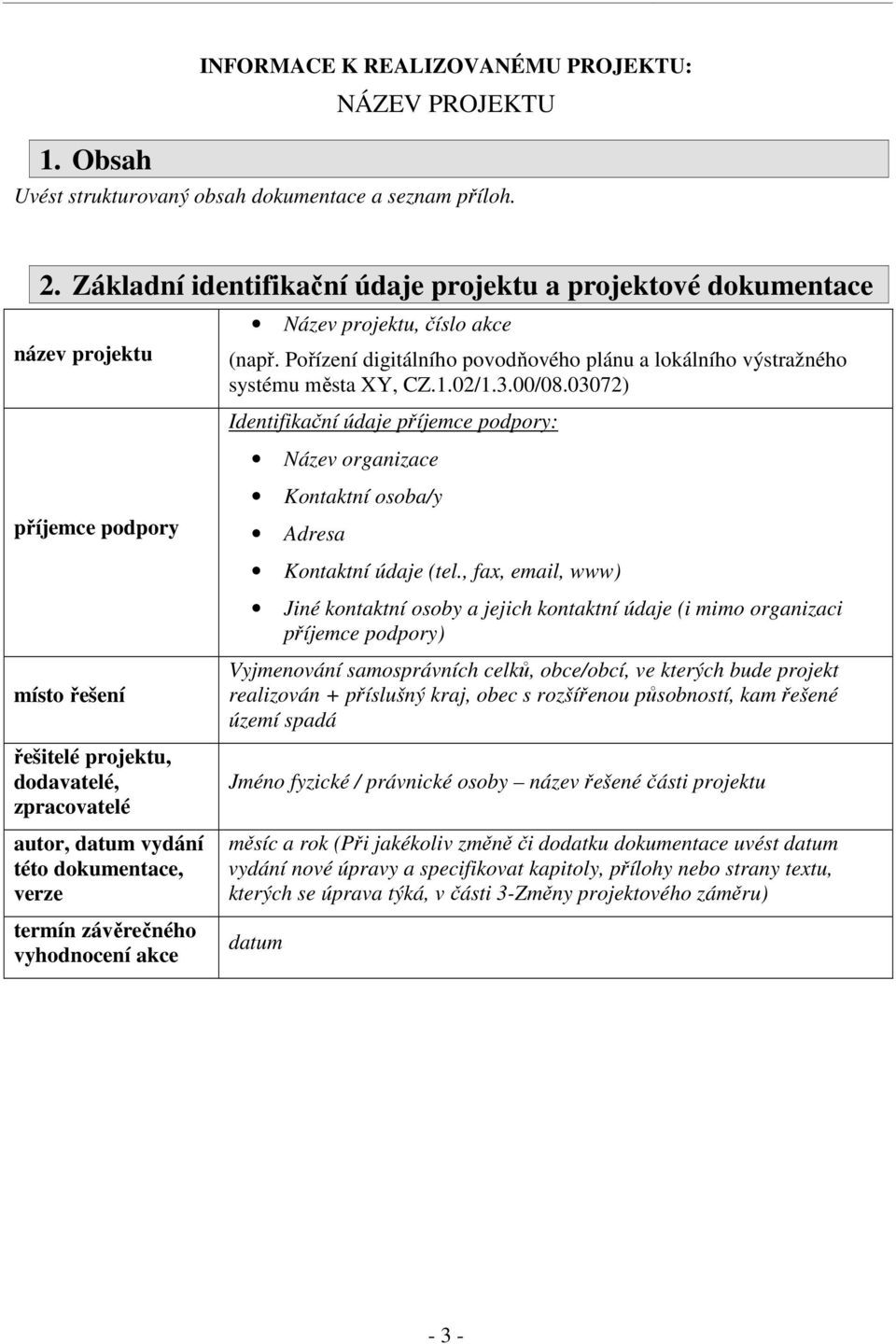 02/1.3.00/08.03072) Identifikační údaje příjemce podpory: Název organizace příjemce podpory Kontaktní osoba/y Adresa Kontaktní údaje (tel.