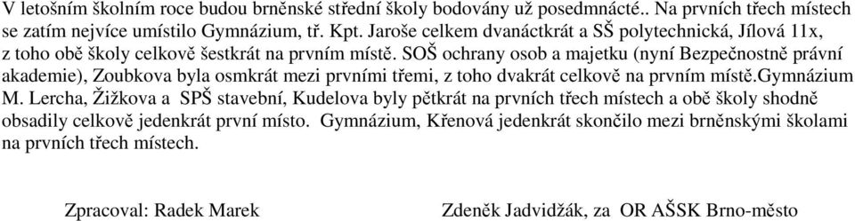 SOŠ ochrany osob a majetku (nyní Bezpečnostně právní akademie), Zoubkova byla osmkrát mezi prvními třemi, z toho dvakrát celkově na prvním místě.gymnázium M.