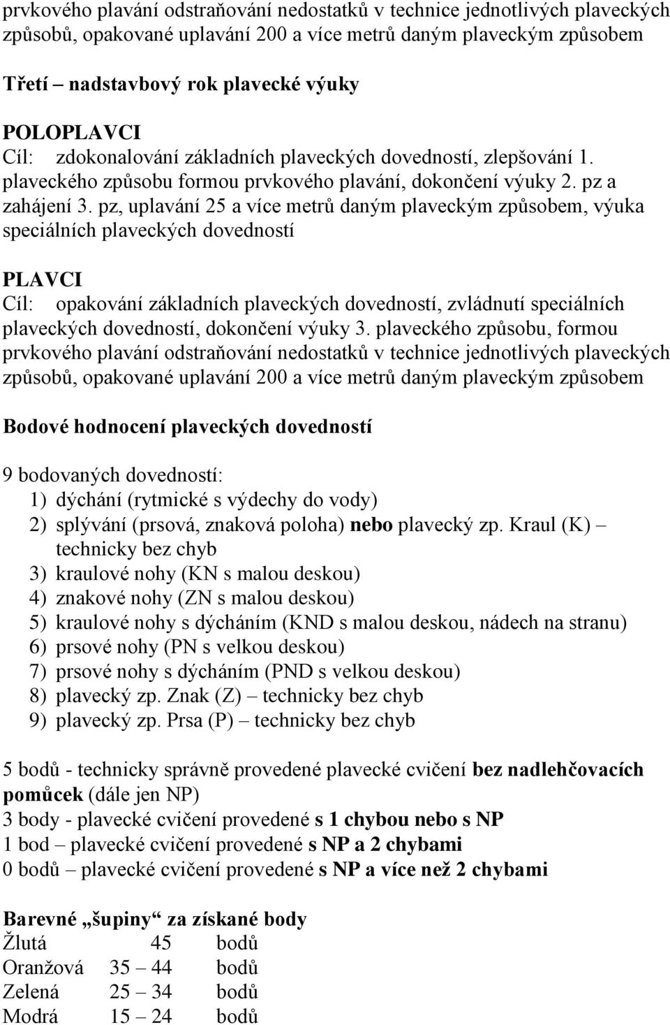 pz, uplavání 25 a více metrů daným plaveckým způsobem, výuka speciálních plaveckých dovedností PLAVCI Cíl: opakování základních plaveckých dovedností, zvládnutí speciálních plaveckých dovedností,