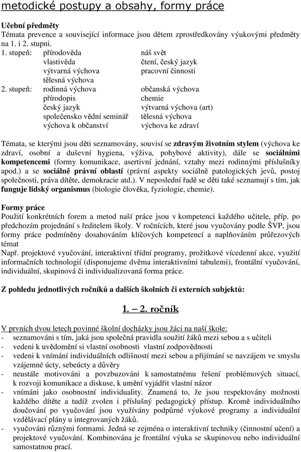 stupeň: rodinná výchova občanská výchova přírodopis chemie český jazyk výtvarná výchova (art) společensko vědní seminář tělesná výchova výchova k občanství výchova ke zdraví Témata, se kterými jsou