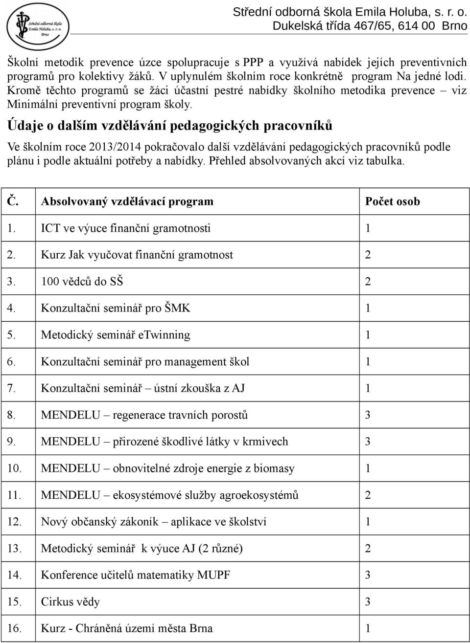 Údaje o dalším vzdělávání pedagogických pracovníků Ve školním roce 2013/2014 pokračovalo další vzdělávání pedagogických pracovníků podle plánu i podle aktuální potřeby a nabídky.