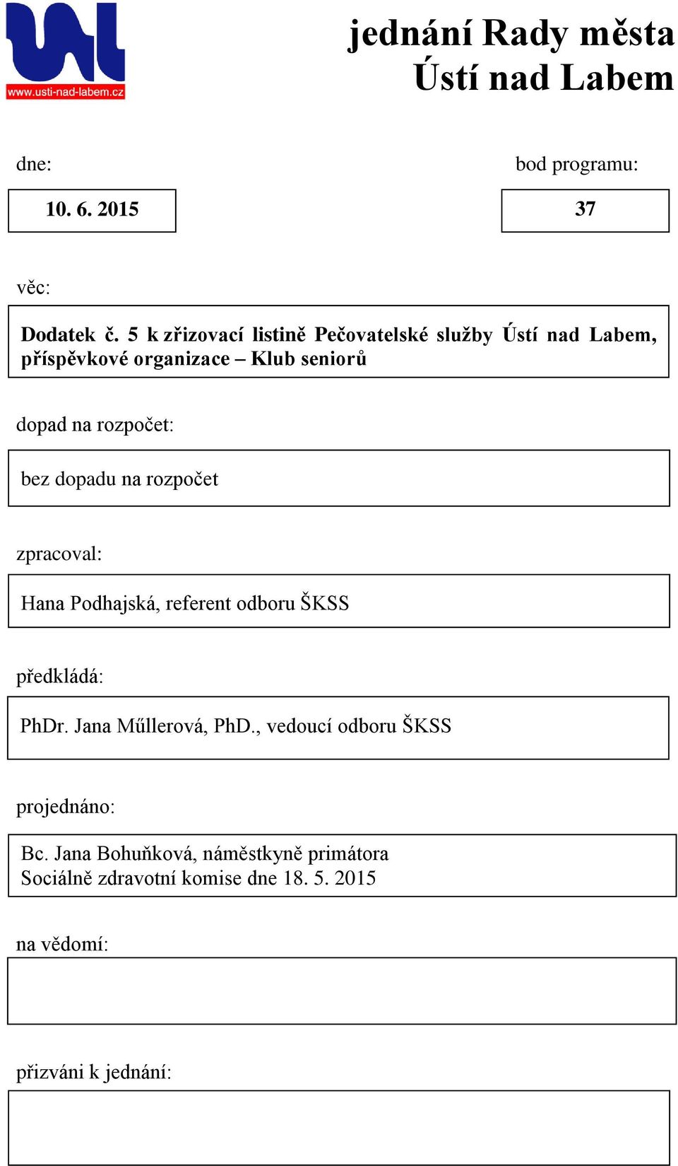 bez dopadu na rozpočet zpracoval: Hana Podhajská, referent odboru ŠKSS předkládá: PhDr. Jana Műllerová, PhD.