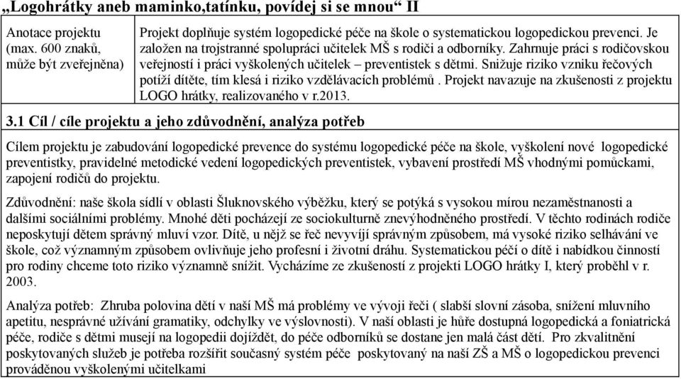 Snižuje riziko vzniku řečových potíží dítěte, tím klesá i riziko vzdělávacích problémů. Projekt navazuje na zkušenosti z projektu LOGO hrátky, realizovaného v r.2013. 3.