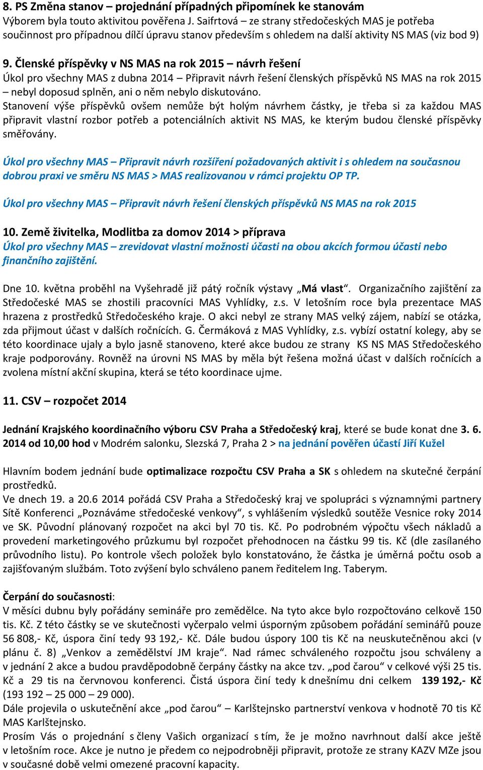 Členské příspěvky v NS MAS na rok 2015 návrh řešení Úkol pro všechny MAS z dubna 2014 Připravit návrh řešení členských příspěvků NS MAS na rok 2015 nebyl doposud splněn, ani o něm nebylo diskutováno.