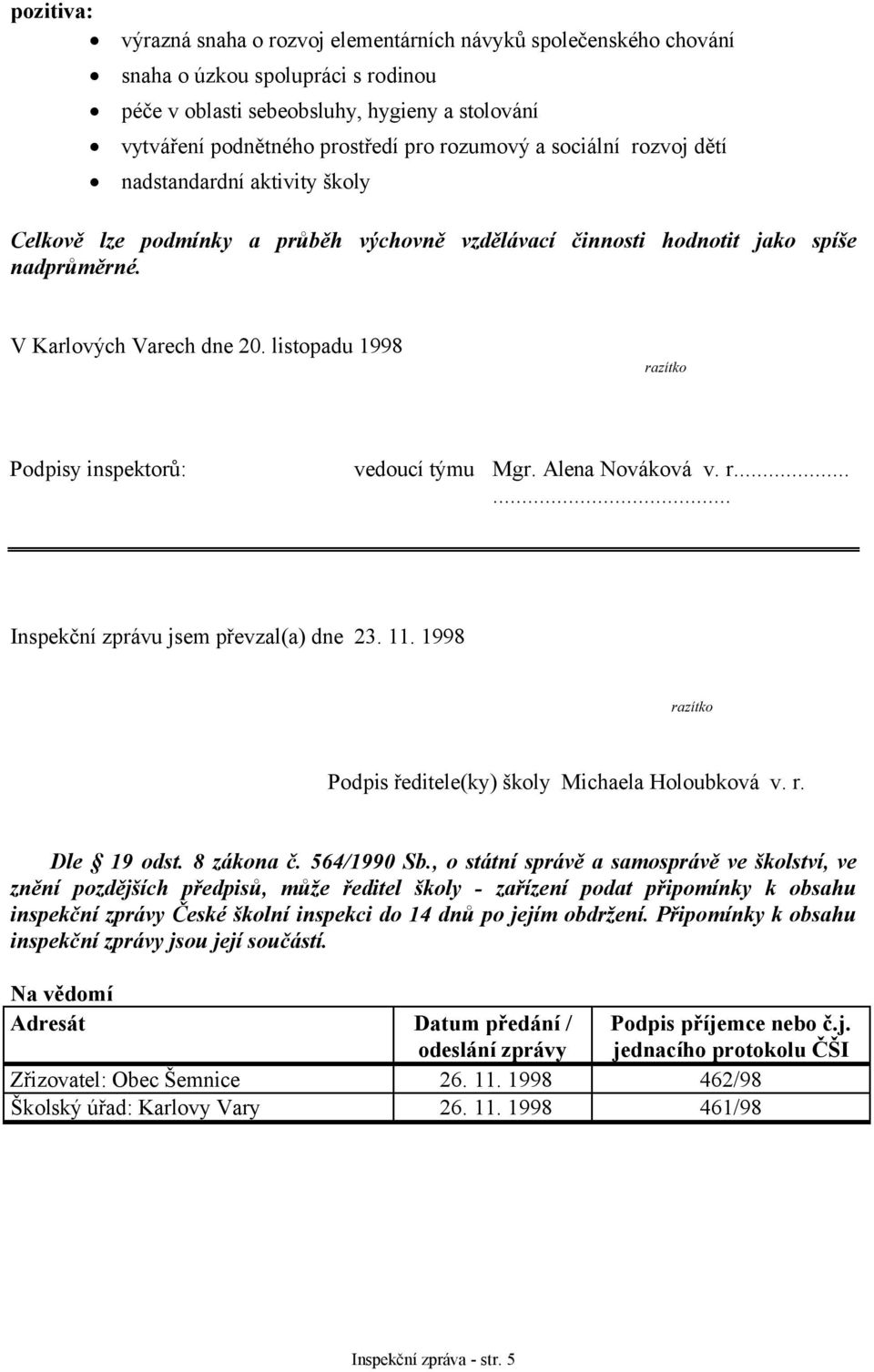 listopadu 1998 razítko Podpisy inspektorů: vedoucí týmu Mgr. Alena Nováková v. r...... Inspekční zprávu jsem převzal(a) dne 23. 11. 1998 razítko Podpis ředitele(ky) školy Michaela Holoubková v. r. Dle 19 odst.