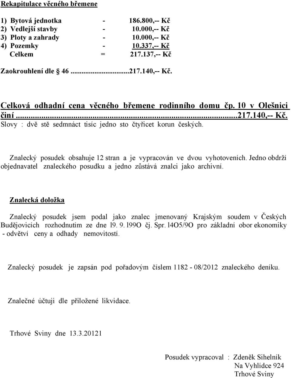 Znalecký posudek obsahuje 12 stran a je vypracován ve dvou vyhotoveních. Jedno obdrží objednavatel znaleckého posudku a jedno zůstává znalci jako archivní.