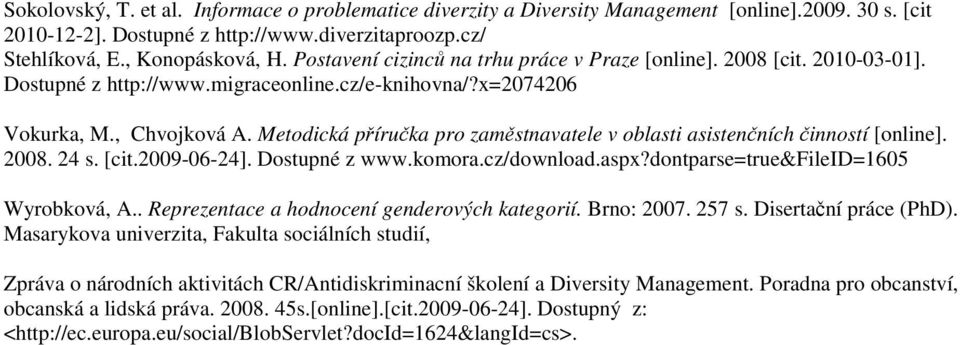 Metodická příručka pro zaměstnavatele v oblasti asistenčních činností [online]. 2008. 24 s. [cit.2009-06-24]. Dostupné z www.komora.cz/download.aspx?dontparse=true&fileid=1605 Wyrobková, A.