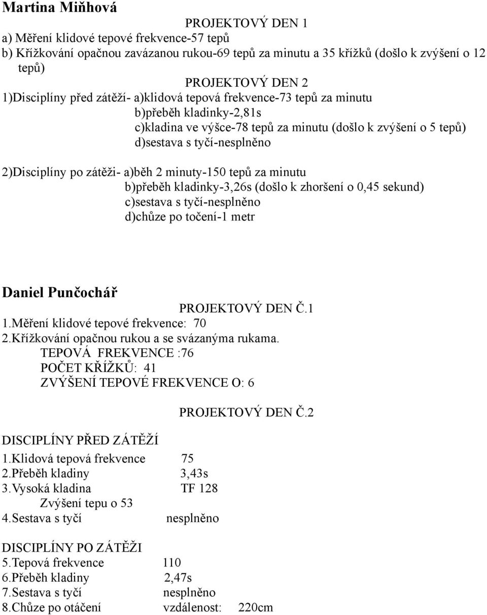 po zátěži- a)běh 2 minuty-150 tepů za minutu b)přeběh kladinky-3,26s (došlo k zhoršení o 0,45 sekund) c)sestava s tyčí-nesplněno d)chůze po točení-1 metr Daniel Punčochář PROJEKTOVÝ DEN Č.1 1.