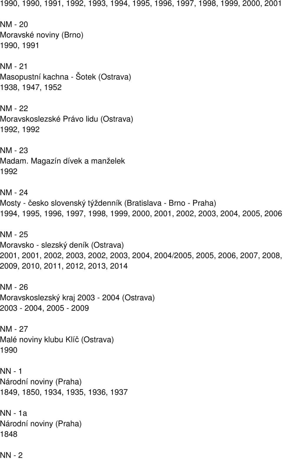 Magazín dívek a manželek 1992 NM - 24 Mosty - česko slovenský týždenník (Bratislava - Brno - Praha) 1994, 1995, 1996, 1997, 1998, 1999, 2000, 2001, 2002, 2003, 2004, 2005, 2006 NM - 25 Moravsko -