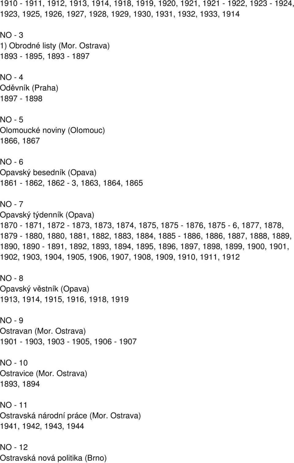 (Opava) 1870-1871, 1872-1873, 1873, 1874, 1875, 1875-1876, 1875-6, 1877, 1878, 1879-1880, 1880, 1881, 1882, 1883, 1884, 1885-1886, 1886, 1887, 1888, 1889, 1890, 1890-1891, 1892, 1893, 1894, 1895,