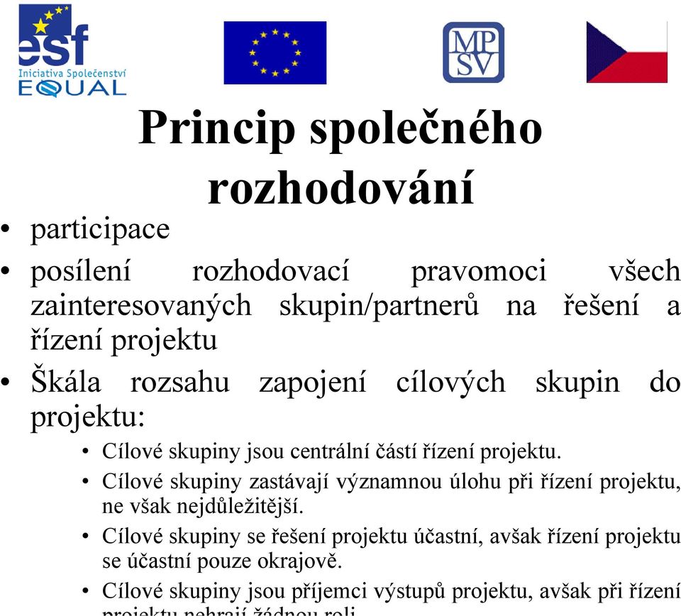 projektu. Cílové skupiny zastávají významnou úlohu při řízení projektu, ne však nejdůležitější.