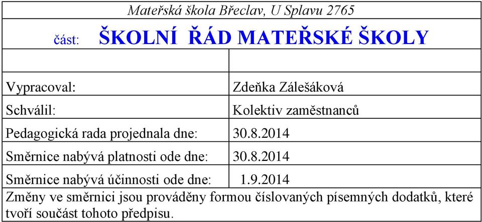 2014 Směrnice nabývá platnosti ode dne: 30.8.