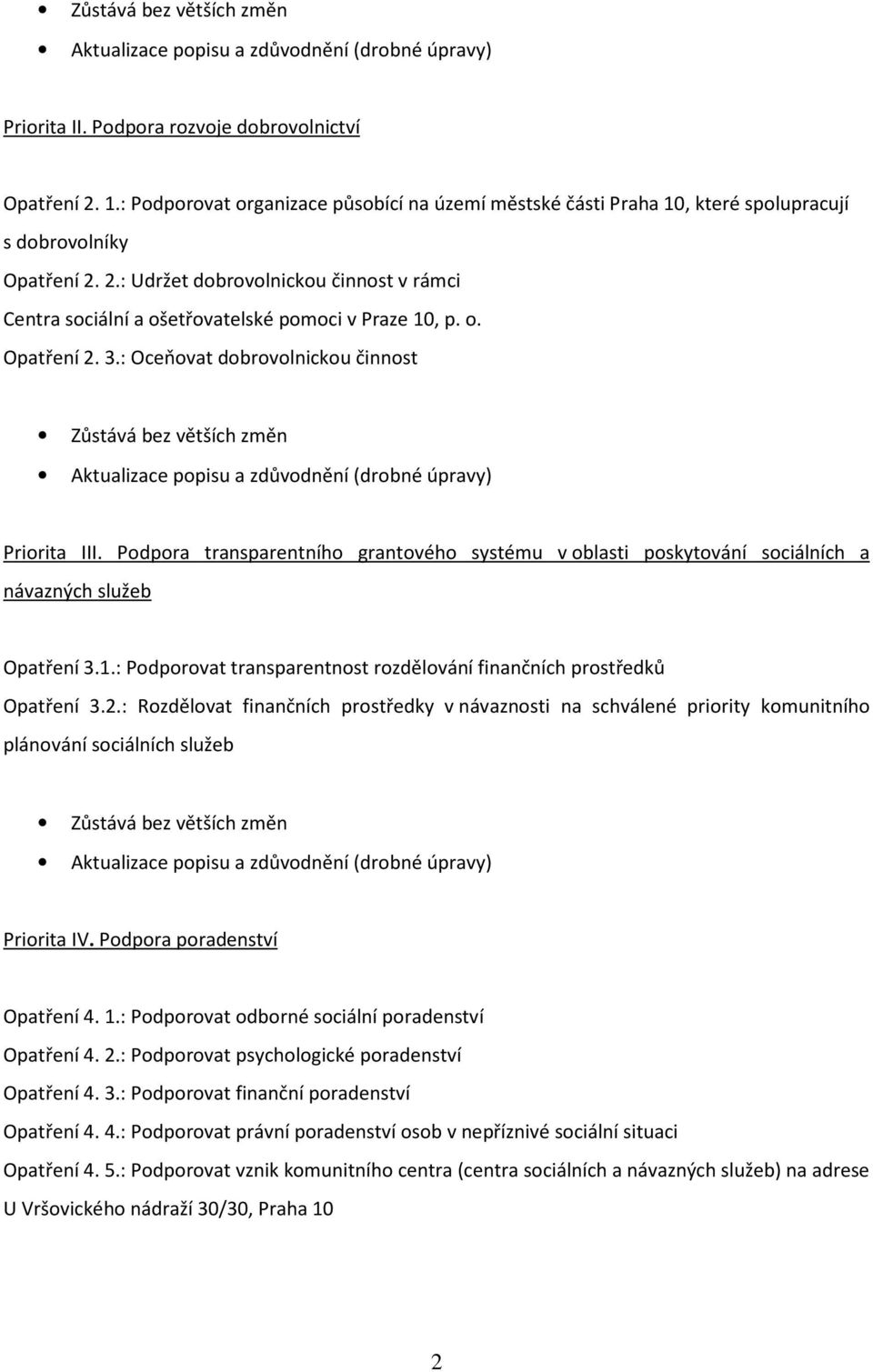 2.: Udržet dobrovolnickou činnost v rámci Centra sociální a ošetřovatelské pomoci v Praze 10, p. o. Opatření 2. 3.