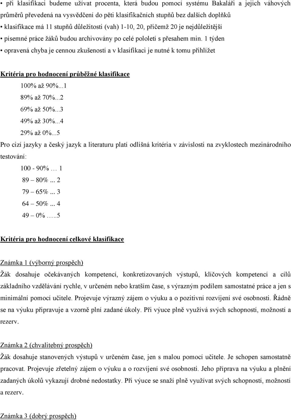 1 týden opravená chyba je cennou zkušeností a v klasifikaci je nutné k tomu přihlížet Kritéria pro hodnocení průběžné klasifikace 100% až 90%...1 89% až 70%...2 69% až 50%...3 49% až 30%...4 29% až 0%.