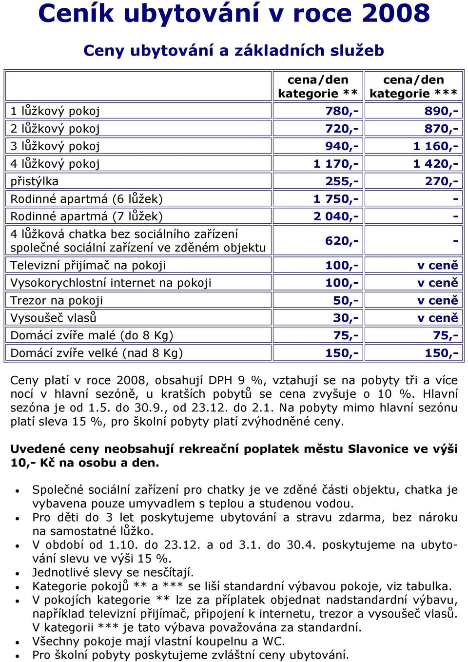 zděném objektu 620,- - Televizní přijímač na pokoji 100,- v ceně Vysokorychlostní internet na pokoji 100,- v ceně Trezor na pokoji 50,- v ceně Vysoušeč vlasů 30,- v ceně Domácí zvíře malé (do 8 Kg)