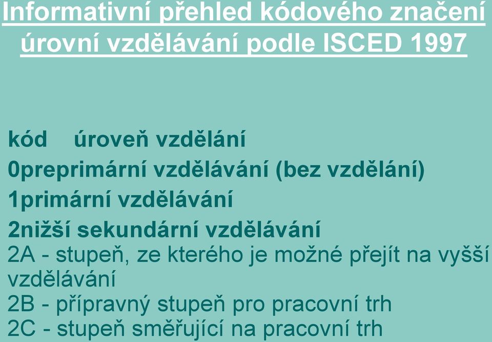 2nižší sekundární vzdělávání 2A - stupeň, ze kterého je možné přejít na vyšší