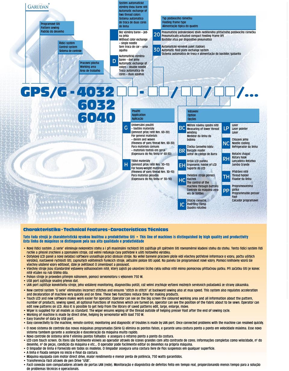 dvě jehly Automatic exchange of colors double needle Troca automática de cores duas agulhas 20 30 Typ podávacího rámečku Feeding frame type Alimentação tipica do quadro Pneumatický jednokrokový zdvih