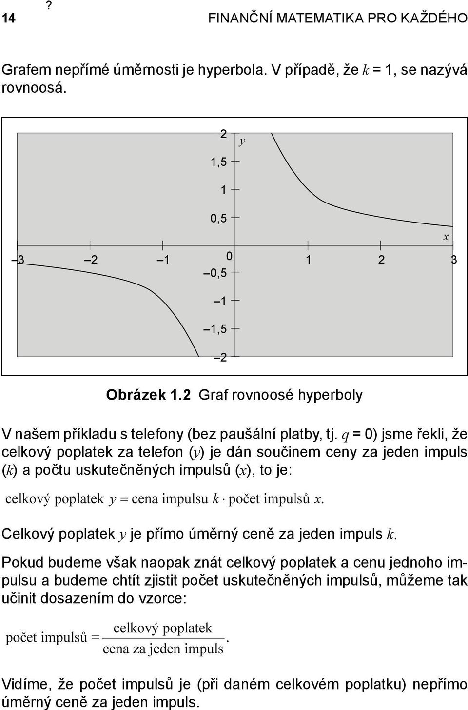 q = 0) jsme řekli, že celkový poplatek za telefon (y) je dán součinem ceny za jeden impuls (k) a počtu uskutečněných impulsů (x), to je: Celkový poplatek y je přímo úměrný