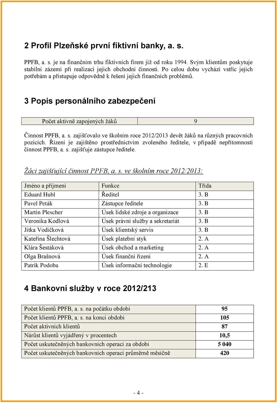 zajišťovalo ve školním roce 2012/2013 devět žáků na různých pracovních pozicích. Řízení je zajištěno prostřednictvím zvoleného ředitele, v případě nepřítomnosti činnost PPFB, a. s.