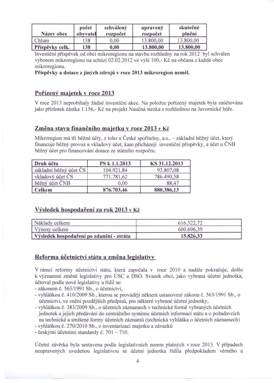 02.2012 ve výši 100,- Kč na občana z každé obce mikroregionu. Příspěvky a dotace z jiných zdrojů v roce 2013 mikroregion neměl.