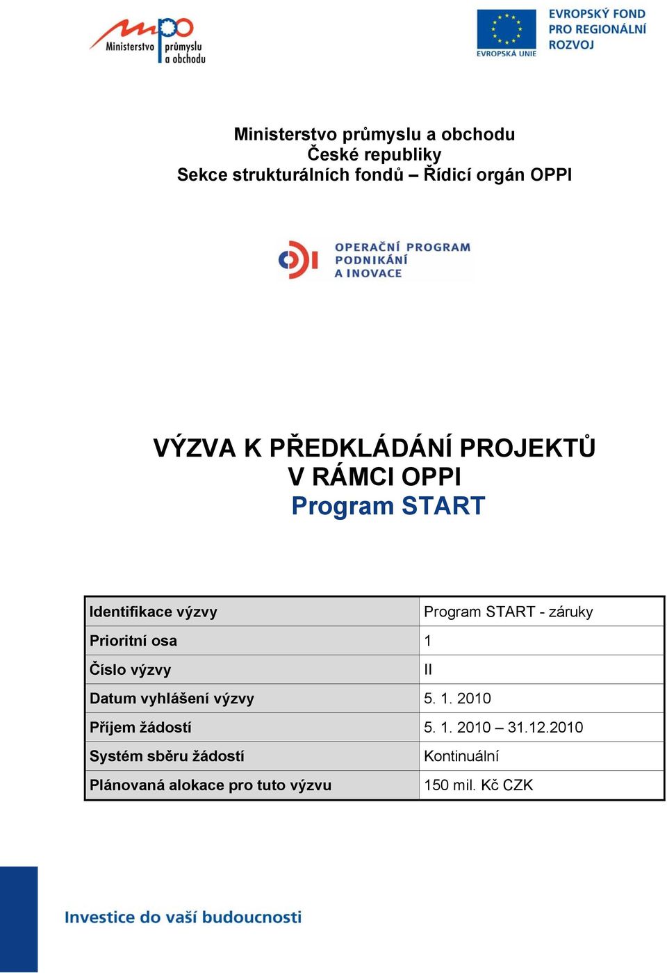 záruky Prioritní osa 1 Číslo výzvy II Datum vyhlášení výzvy 5. 1. 2010 Příjem žádostí 5. 1. 2010 31.