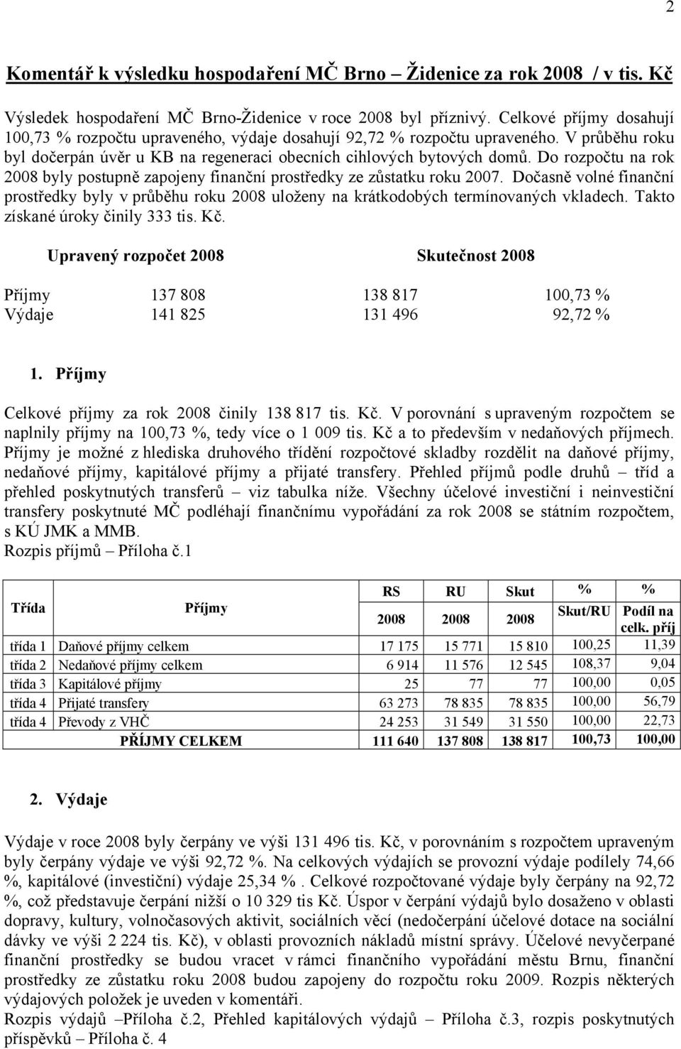 Do rozpočtu na rok 2008 byly postupně zapojeny finanční prostředky ze zůstatku roku 2007. Dočasně volné finanční prostředky byly v průběhu roku 2008 uloženy na krátkodobých termínovaných vkladech.