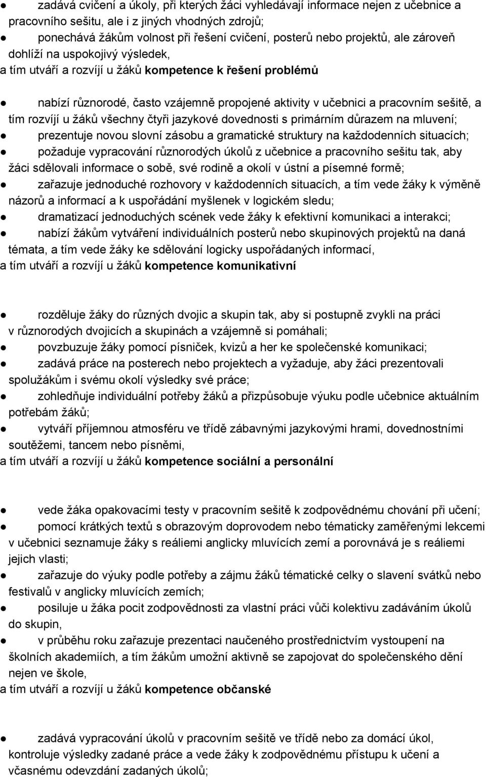 u žáků všechny čtyři jazykové dovednosti s primárním důrazem na mluvení; prezentuje novou slovní zásobu a gramatické struktury na každodenních situacích; požaduje vypracování různorodých úkolů z