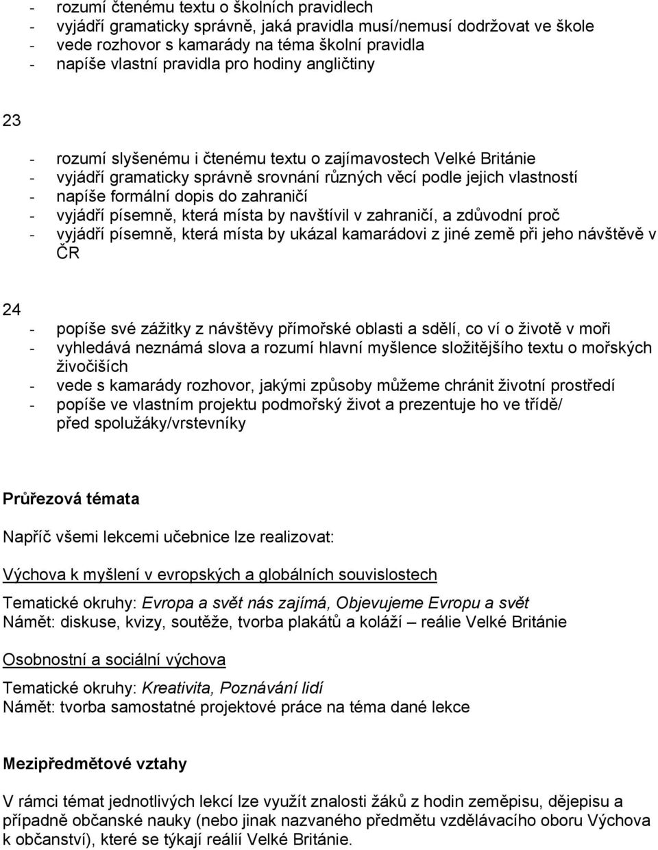 zahraničí - vyjádří písemně, která místa by navštívil v zahraničí, a zdůvodní proč - vyjádří písemně, která místa by ukázal kamarádovi z jiné země při jeho návštěvě v ČR 24 - popíše své zážitky z