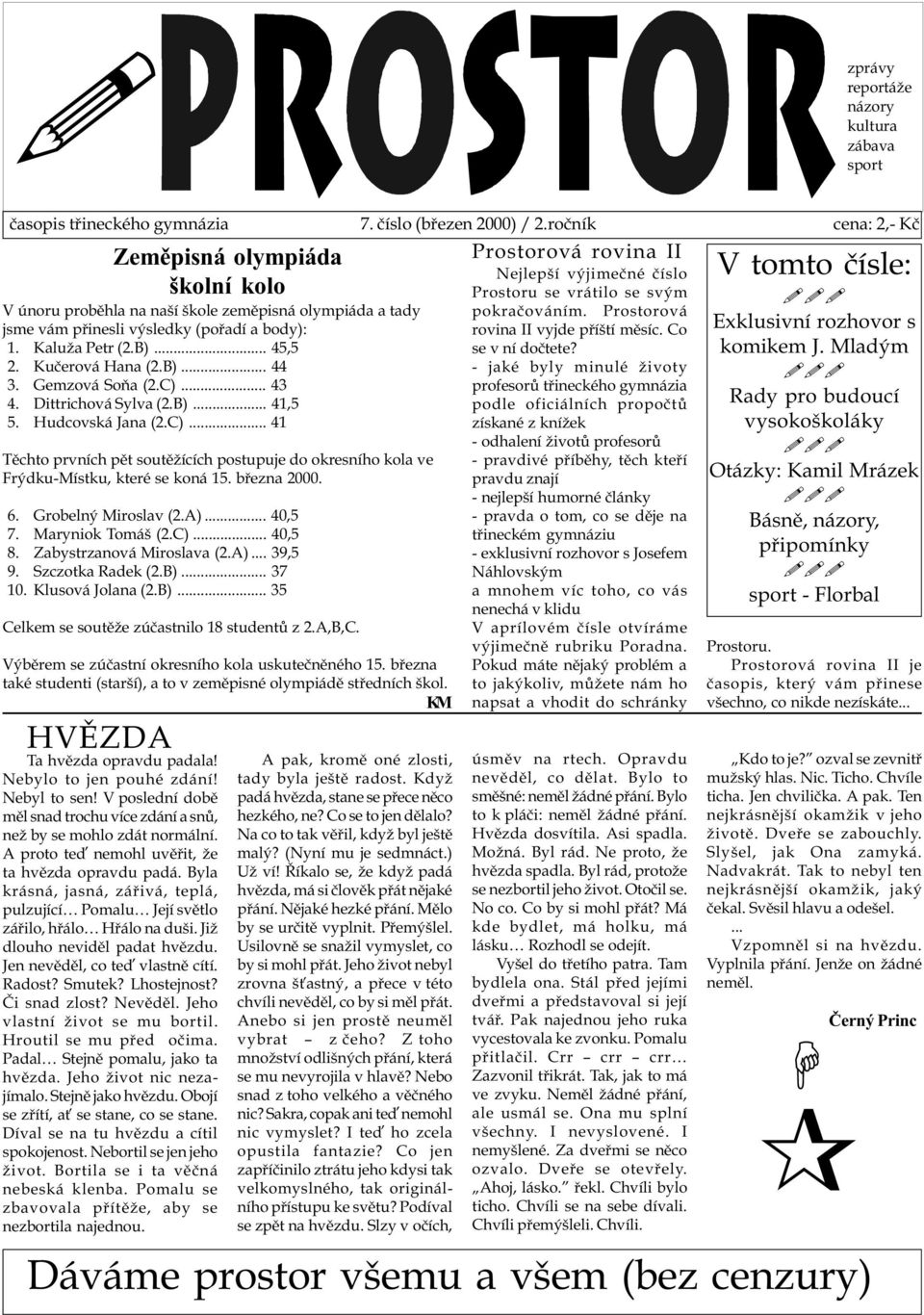 Kuèerová Hana (2.B)... 44 3. Gemzová Soòa (2.C)... 43 4. Dittrichová Sylva (2.B)... 41,5 5. Hudcovská Jana (2.C)... 41 Tìchto prvních pìt soutìžících postupuje do okresního kola ve Frýdku-Místku, které se koná 15.