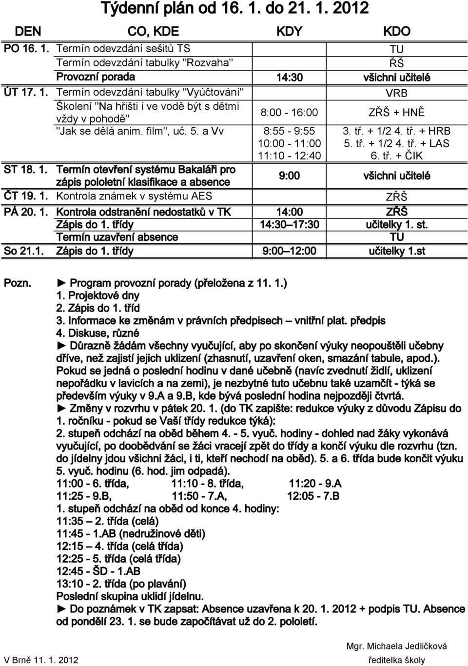 1. Kontrola známek v systému AES ZŘŠ PÁ 20. 1. Kontrola odstranění nedostatků v TK 14:00 ZŘŠ Zápis do 1. třídy 14:30 17:30 učitelky 1. st. Termín uzavření absence So 21.1. Zápis do 1. třídy 9:00 12:00 učitelky 1.