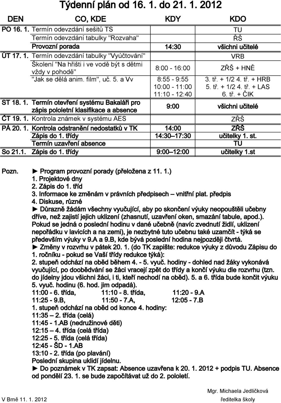 1. Kontrola známek v systému AES ZŘŠ PÁ 20. 1. Kontrola odstranění nedostatků v TK 14:00 ZŘŠ Zápis do 1. třídy 14:30 17:30 učitelky 1. st. Termín uzavření absence So 21.1. Zápis do 1. třídy 9:00 12:00 učitelky 1.