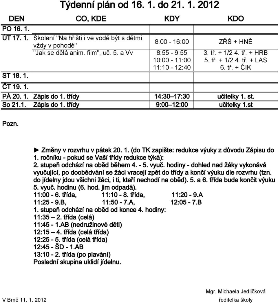 st Změny v rozvrhu v pátek 20. 1. (do TK zapište: redukce výuky z důvodu Zápisu do 1. ročníku - pokud se Vaší třídy redukce týká): 2. stupeň odchází na oběd během 4. - 5. vyuč.