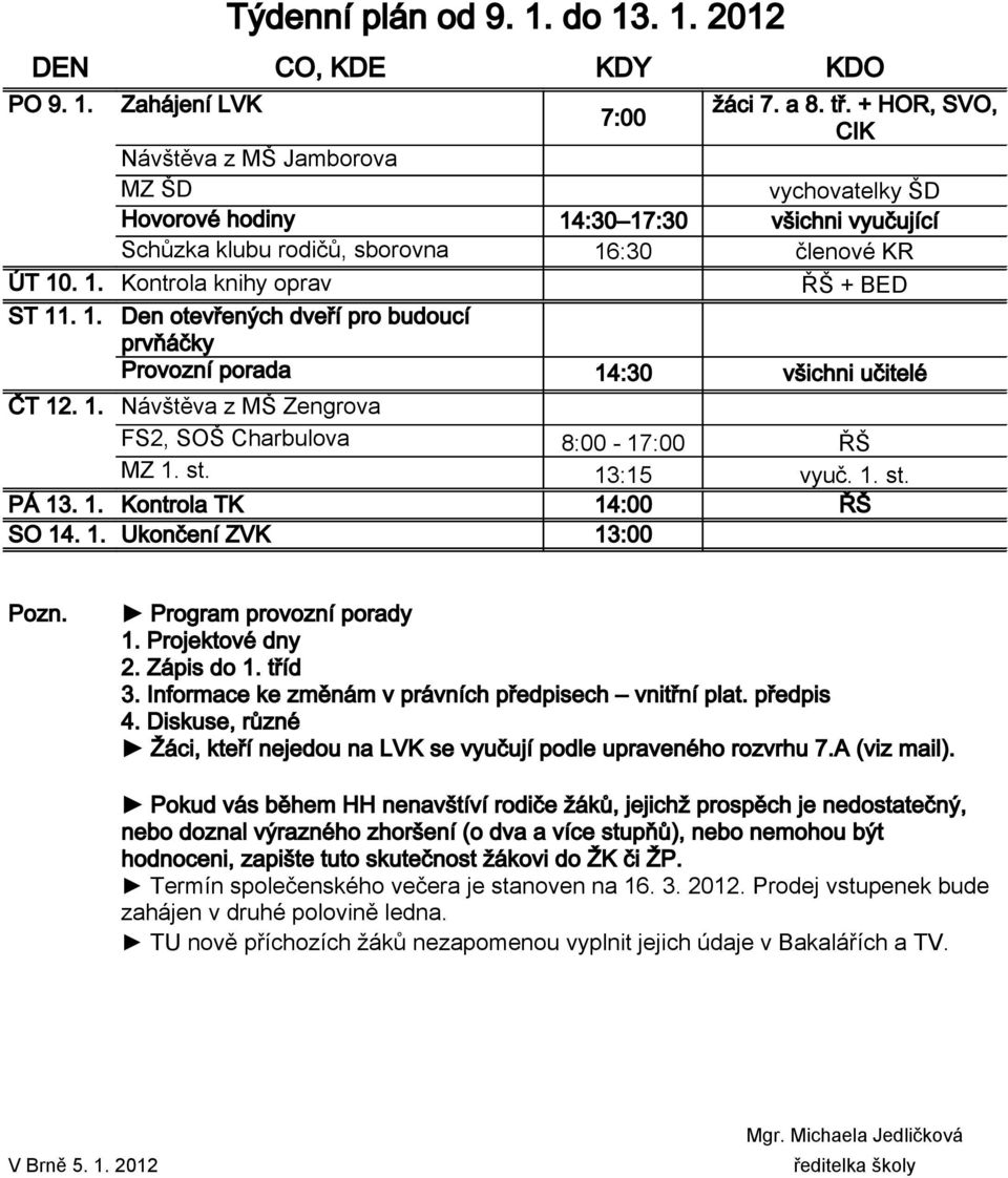 1. Den otevřených dveří pro budoucí prvňáčky Provozní porada 14:30 všichni učitelé ČT 12. 1. Návštěva z MŠ Zengrova FS2, SOŠ Charbulova 8:00-17:00 ŘŠ MZ 1. st. 13:15 vyuč. 1. st. PÁ 13. 1. Kontrola TK 14:00 ŘŠ SO 14.