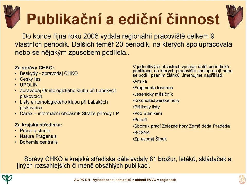 Stráže přírody LP Za krajská střediska: Práce a studie Natura Pragensis Bohemia centralis V jednotlivých oblastech vychází další periodické publikace, na kterých pracoviště spolupracují nebo se