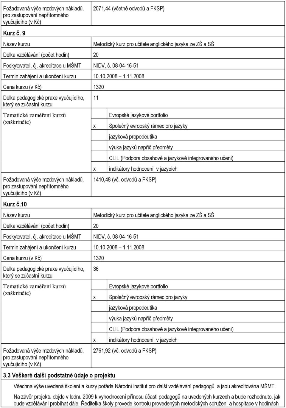 odvodů a FKSP) Poskytovatel, čj. akreditace u MŠMT NIDV, č. 08-04-16-51 Termín zahájení a ukončení kurzu 10.10.2008 1.11.2008 Cena kurzu (v Kč) 1320 Délka pedagogické prae vyučujícího, 3.