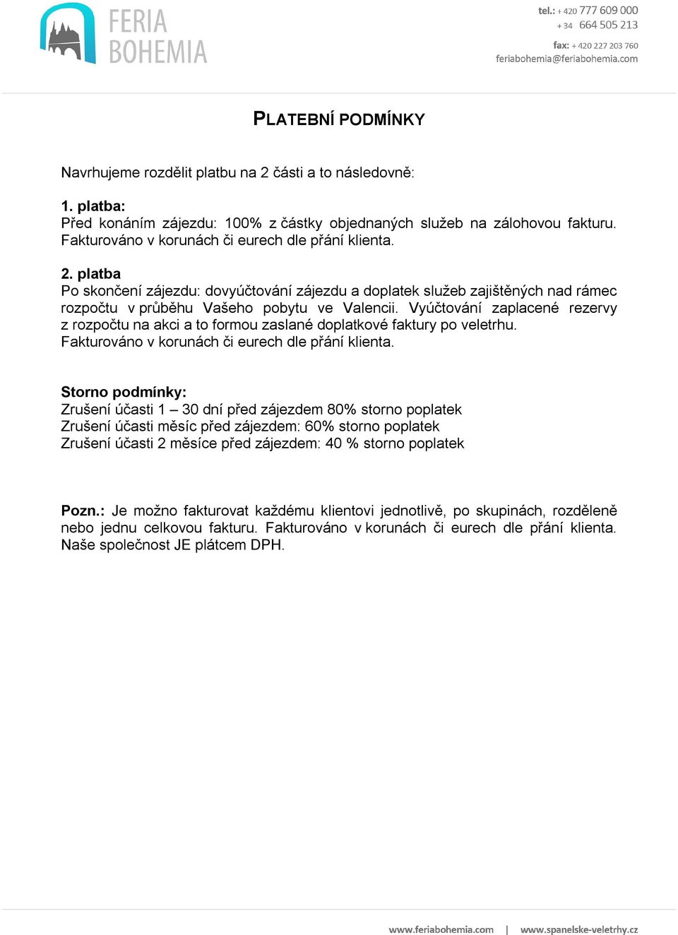 Vyúčtování zaplacené rezervy z rozpočtu na akci a to formou zaslané doplatkové faktury po veletrhu. Fakturováno v korunách či eurech dle přání klienta.