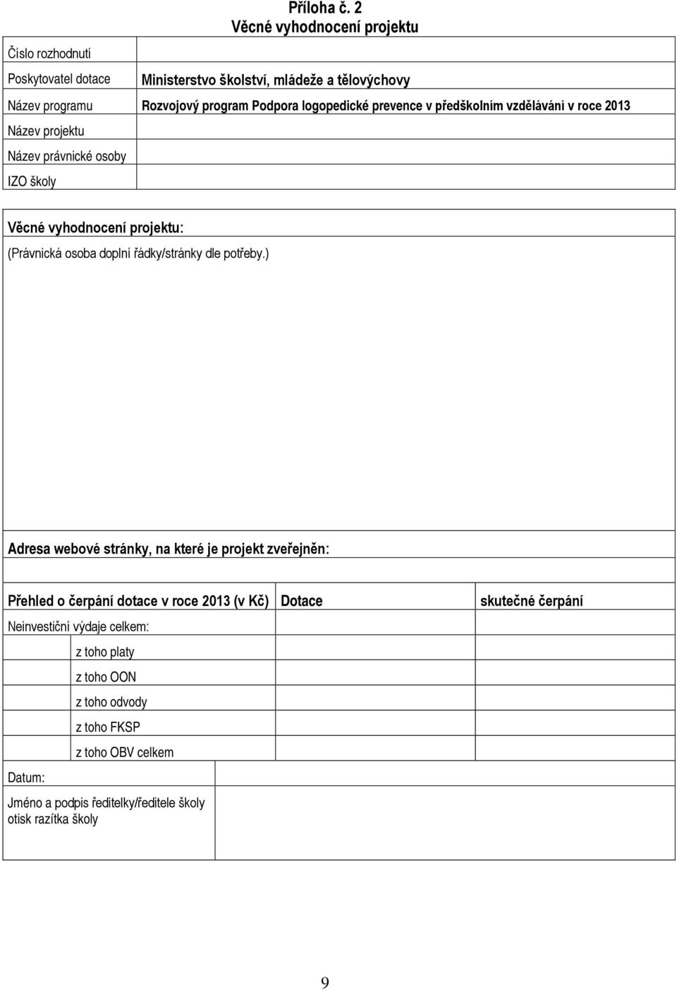 vzdělávání v roce 2013 Název projektu Název právnické osoby IZO školy Věcné vyhodnocení projektu: (Právnická osoba doplní řádky/stránky dle potřeby.