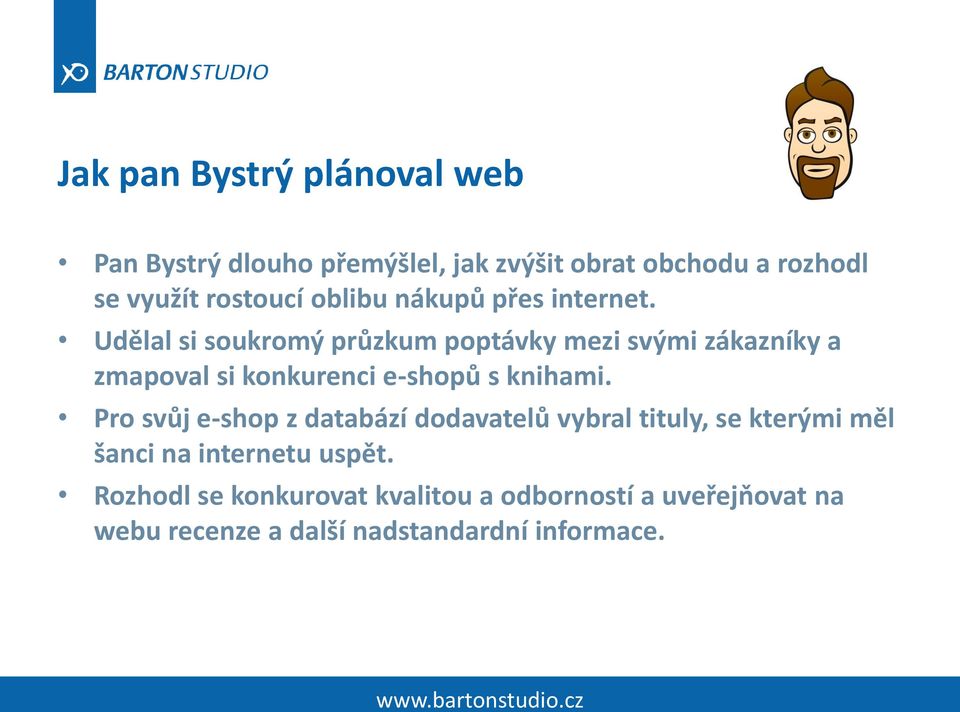 Udělal si soukromý průzkum poptávky mezi svými zákazníky a zmapoval si konkurenci e-shopů s knihami.