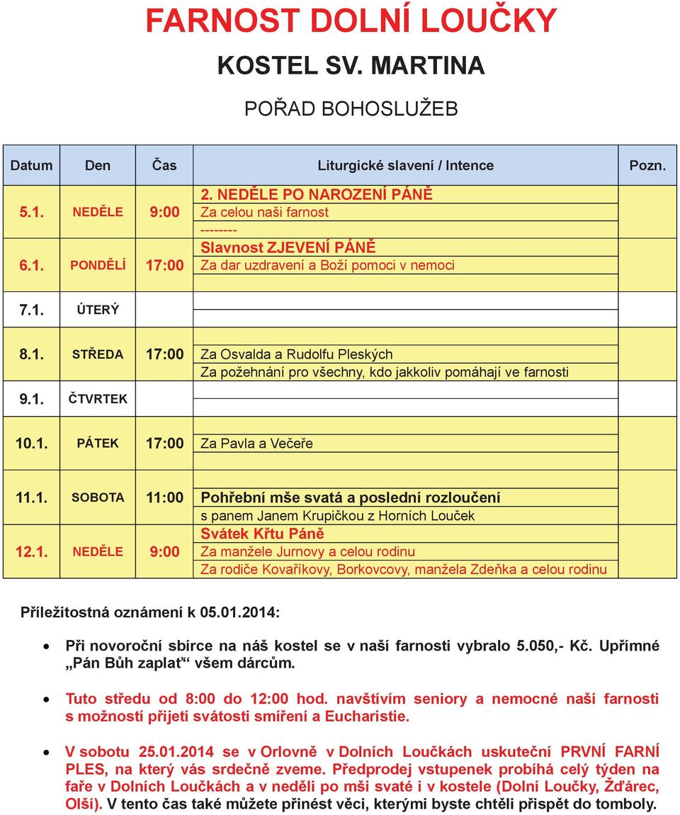 01.2014: Pi novoroní sbírce na náš kostel se v naší farnosti vybralo 5.050,- K. Upímné Pán Bh zapla všem dárcm. Tuto stedu od 8:00 do 12:00 hod.