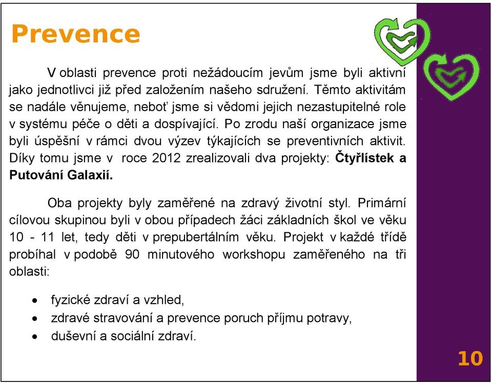 Po zrodu naší organizace jsme byli úspěšní v rámci dvou výzev týkajících se preventivních aktivit. Díky tomu jsme v roce 2012 zrealizovali dva projekty: Čtyřlístek a Putování Galaxií.