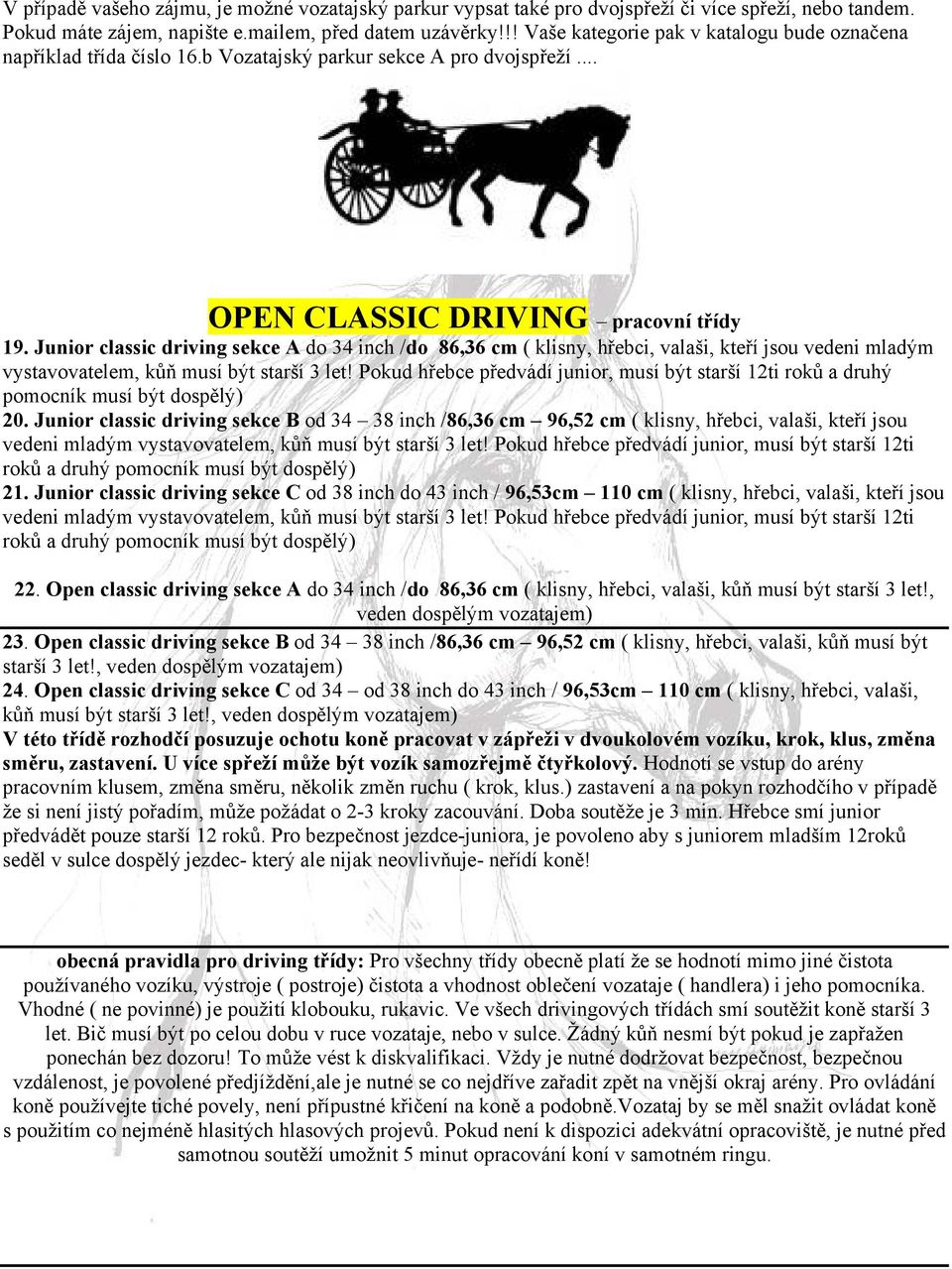 Junior classic driving sekce A do 34 inch /do 86,36 cm ( klisny, hřebci, valaši, kteří jsou vedeni mladým vystavovatelem, kůň musí být starší 3 let!