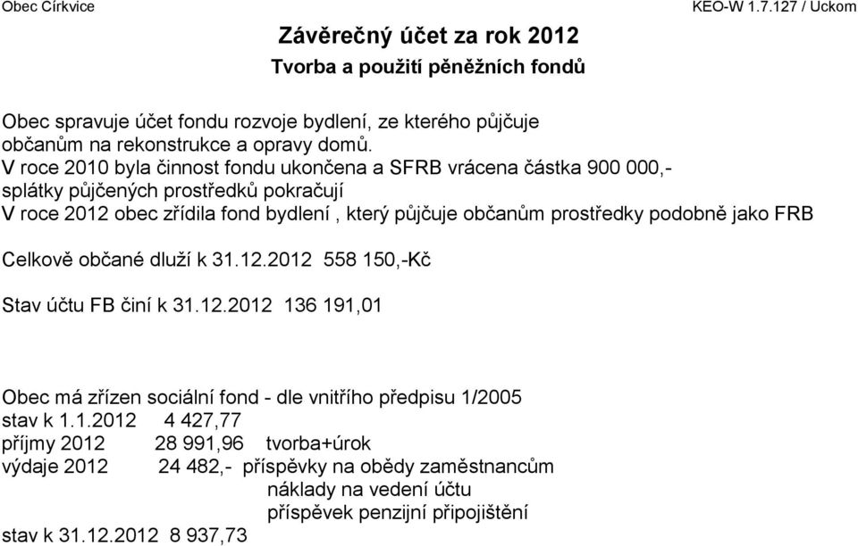 občanům prostředky podobně jako FRB Celkově občané dluží k 31.12.2012 558 150,-Kč Stav účtu FB činí k 31.12.2012 136 191,01 Obec má zřízen sociální fond - dle vnitřího předpisu 1/2005 stav k 1.