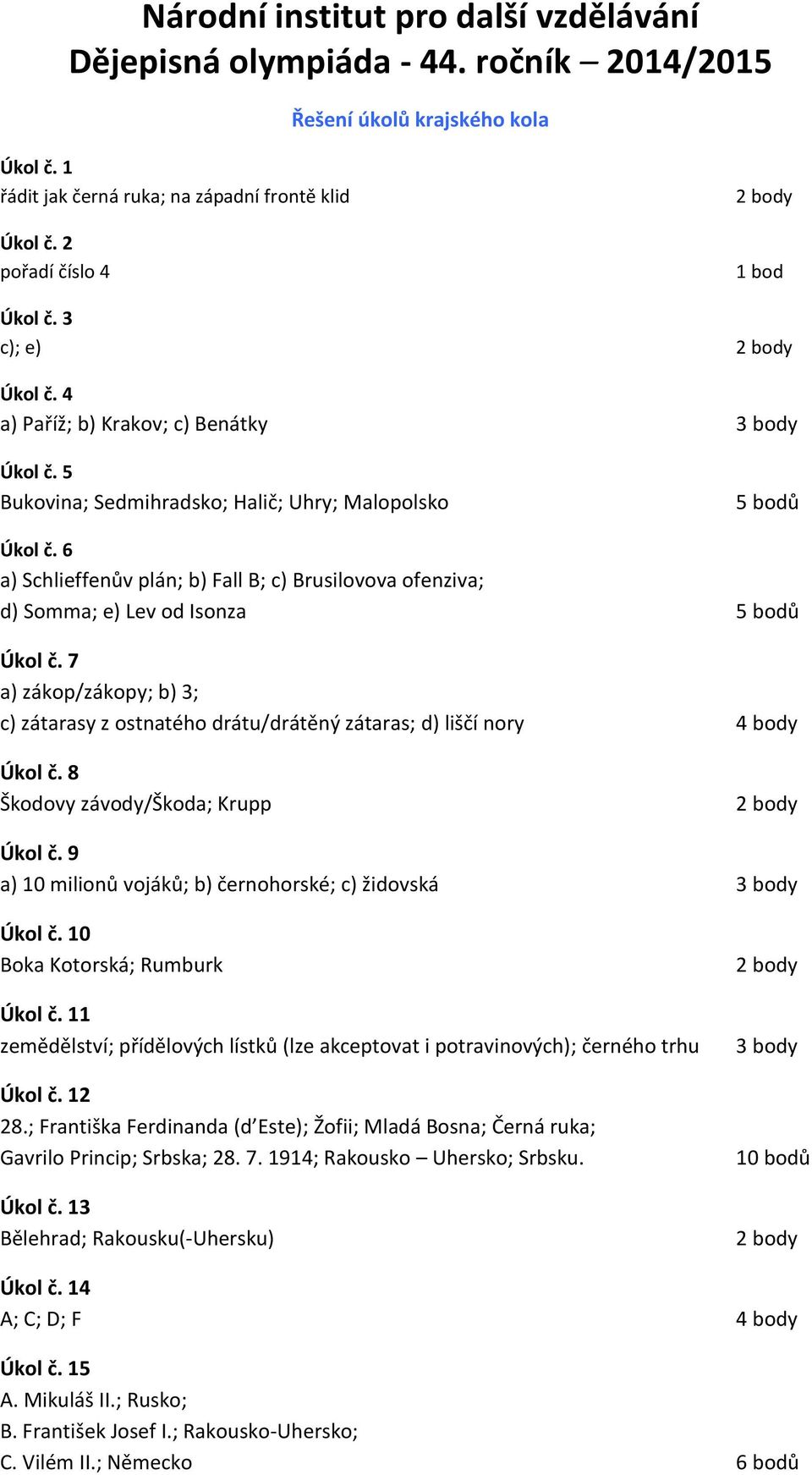 6 a) Schlieffenův plán; b) Fall B; c) Brusilovova ofenziva; d) Somma; e) Lev od Isonza 5 bodů Úkol č.