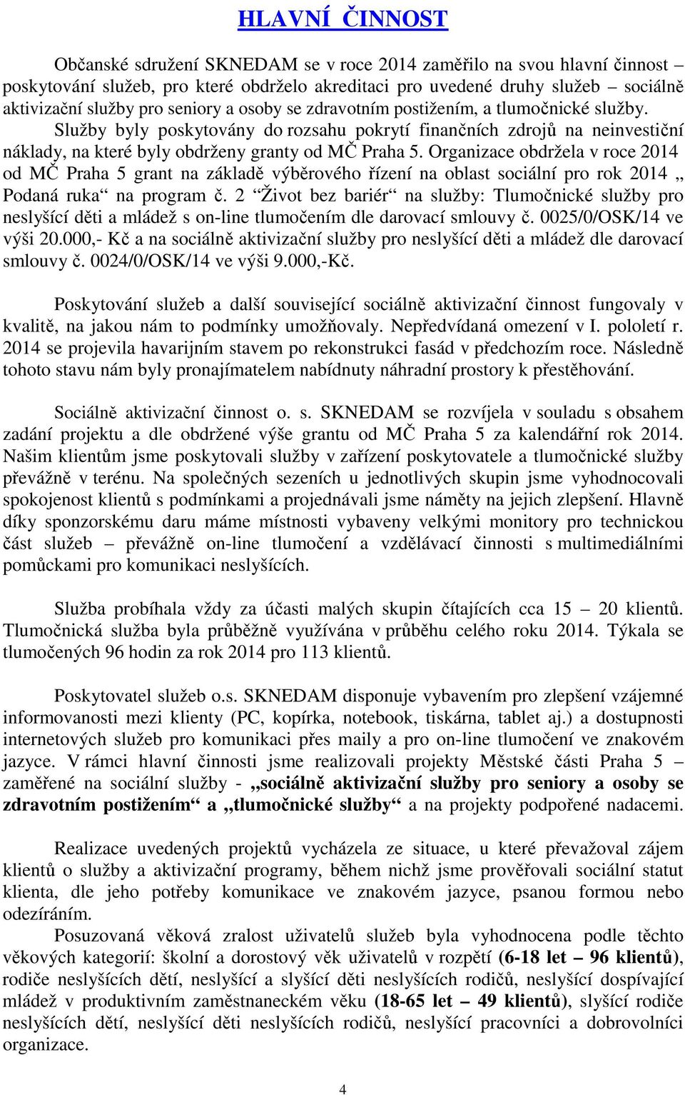 Organizace obdržela v roce 2014 od M Praha 5 grant na základ výbrového ízení na oblast sociální pro rok 2014 Podaná ruka na program.