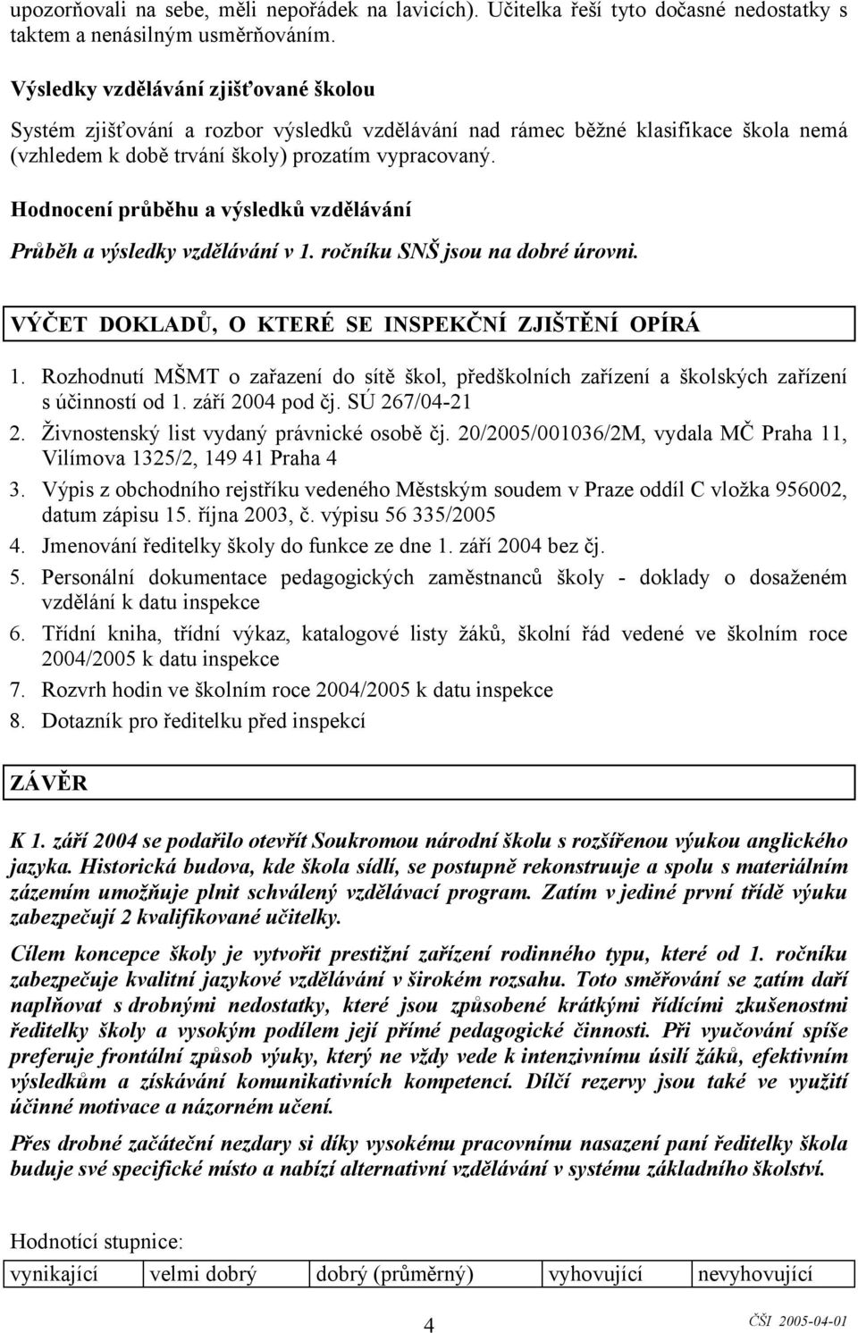 Hodnocení průběhu a výsledků vzdělávání Průběh a výsledky vzdělávání v 1. ročníku SNŠ jsou na dobré úrovni. VÝČET DOKLADŮ, O KTERÉ SE INSPEKČNÍ ZJIŠTĚNÍ OPÍRÁ 1.