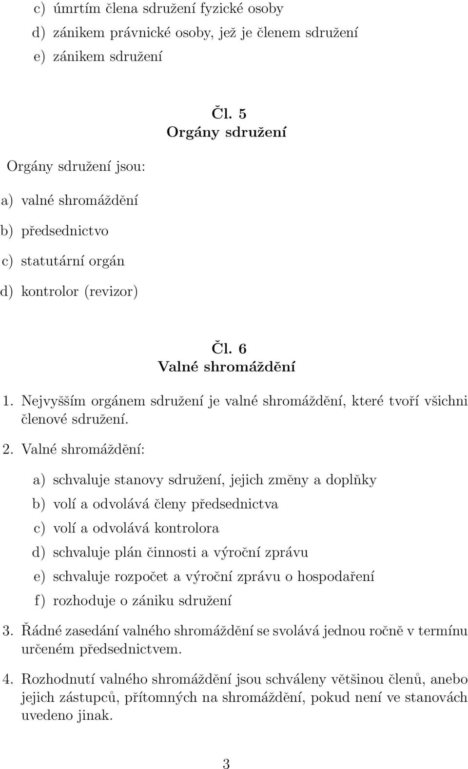 Valné shromáždění: a) schvaluje stanovy sdružení, jejich změny a doplňky b) volí a odvolává členy předsednictva c) volí a odvolává kontrolora d) schvaluje plán činnosti a výroční zprávu e) schvaluje