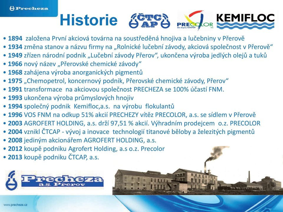 chemické závody, Přerov 1991 transformace na akciovou společnost PRECHEZA se 100% účastí FNM. 1993 ukončena výroba průmyslových hnojiv 1994 společný podnik Kemifloc,a.s. na výrobu flokulantů 1996 VOS FNM na odkup 51% akcií PRECHEZY vítěz PRECOLOR, a.