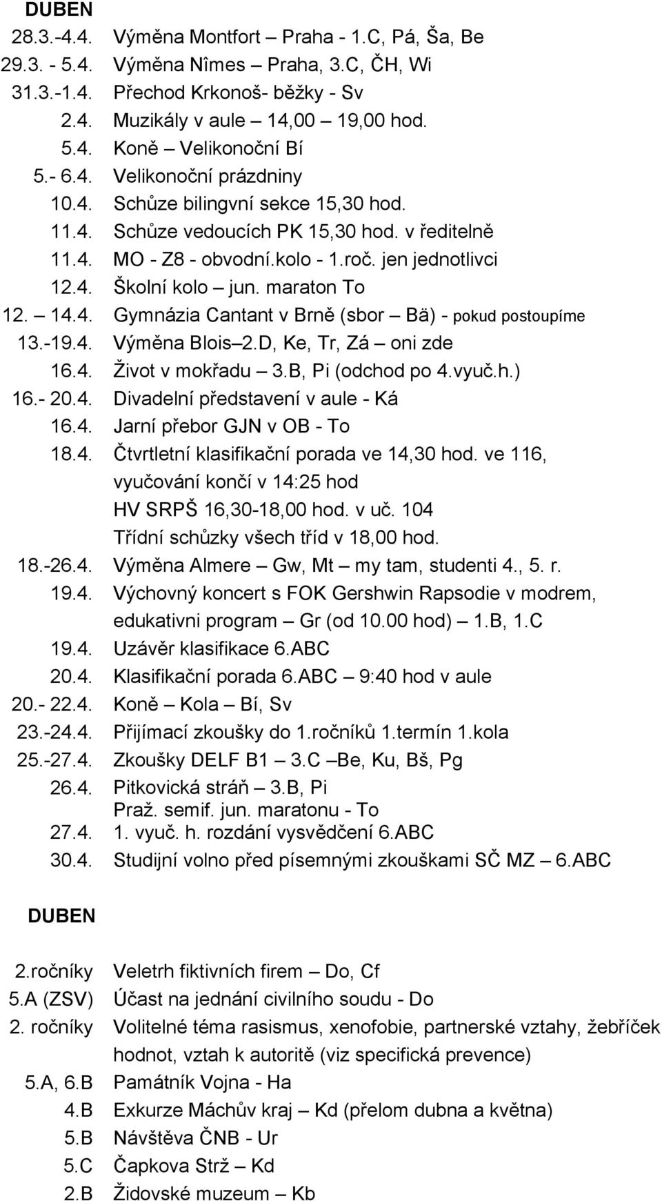 maraton To 12. 14.4. Gymnázia Cantant v Brně (sbor Bä) - pokud postoupíme 13.-19.4. Výměna Blois 2.D, Ke, Tr, Zá oni zde 16.4. Život v mokřadu 3.B, Pi (odchod po 4.vyuč.h.) 16.- 20.4. Divadelní představení v aule - Ká 16.
