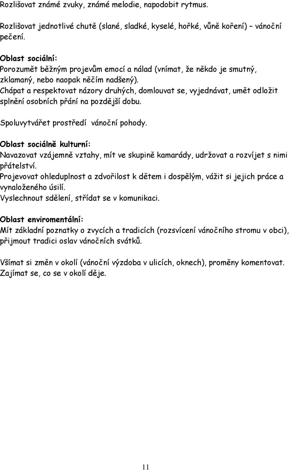 Chápat a respektovat názory druhých, domlouvat se, vyjednávat, umět odložit splnění osobních přání na pozdější dobu. Spoluvytvářet prostředí vánoční pohody.