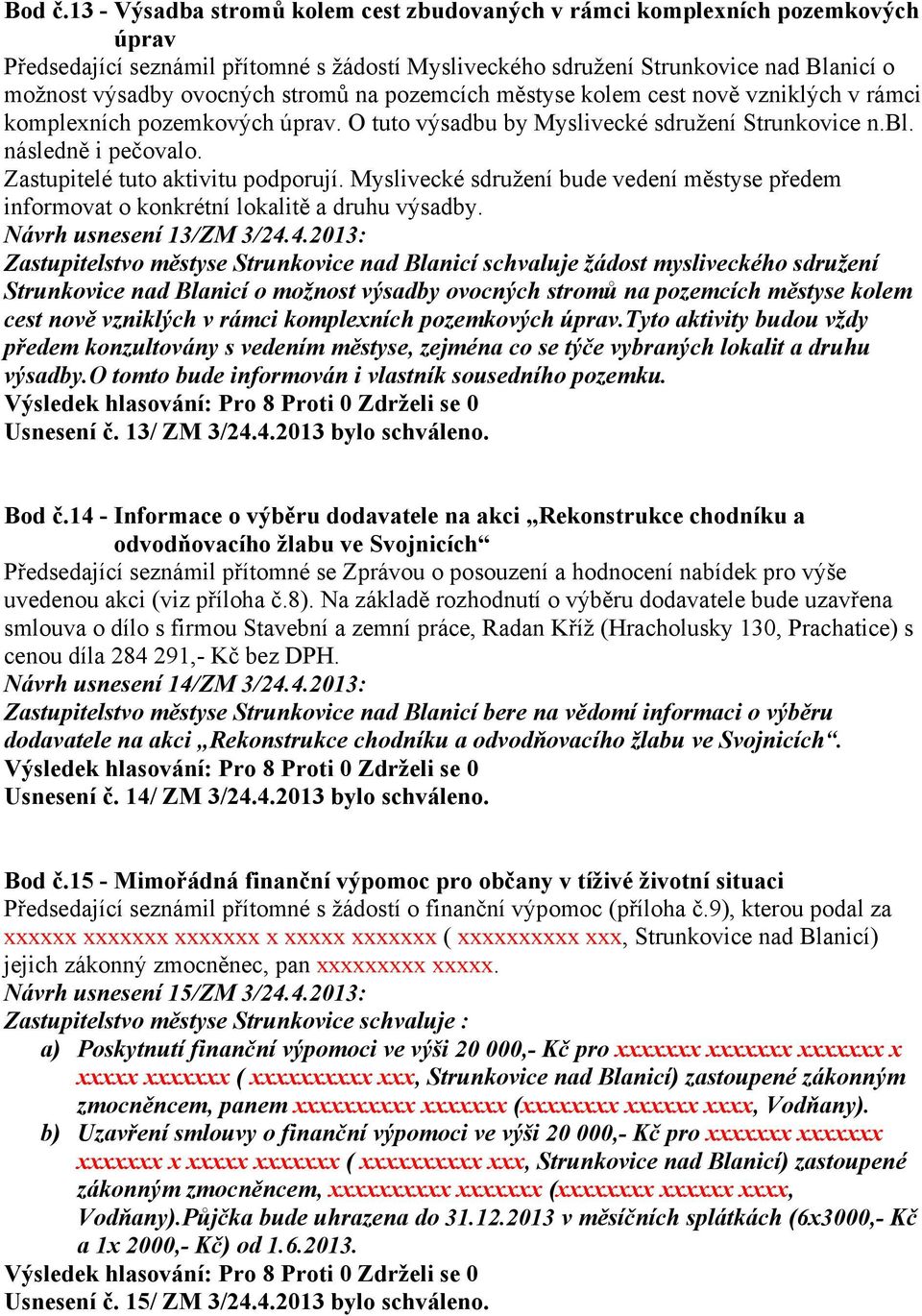 stromů na pozemcích městyse kolem cest nově vzniklých v rámci komplexních pozemkových úprav. O tuto výsadbu by Myslivecké sdružení Strunkovice n.bl. následně i pečovalo.